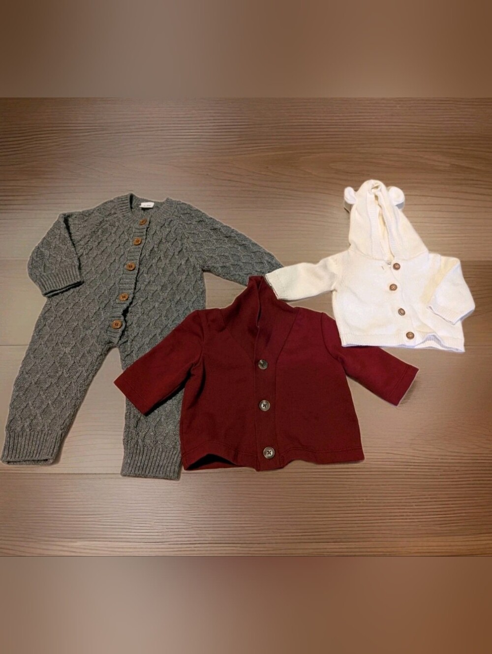 Knit Romper, Burgundy Cardigan & Cream Hooded Sweater Carters Newborn